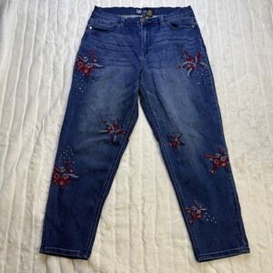 Diane Gilman DG2 Womens Floral Embroidered Rhinestone Straight Leg Jeans Blue 12